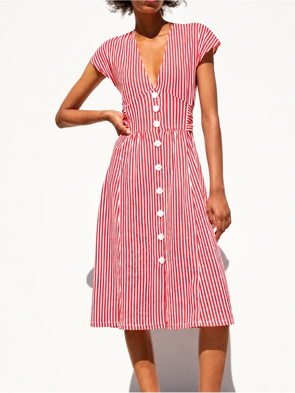 Zara red/white striped button front midi dress, small